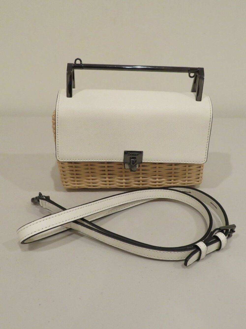 Botkier White Leather Straw Top Handle Crossbody Bag
